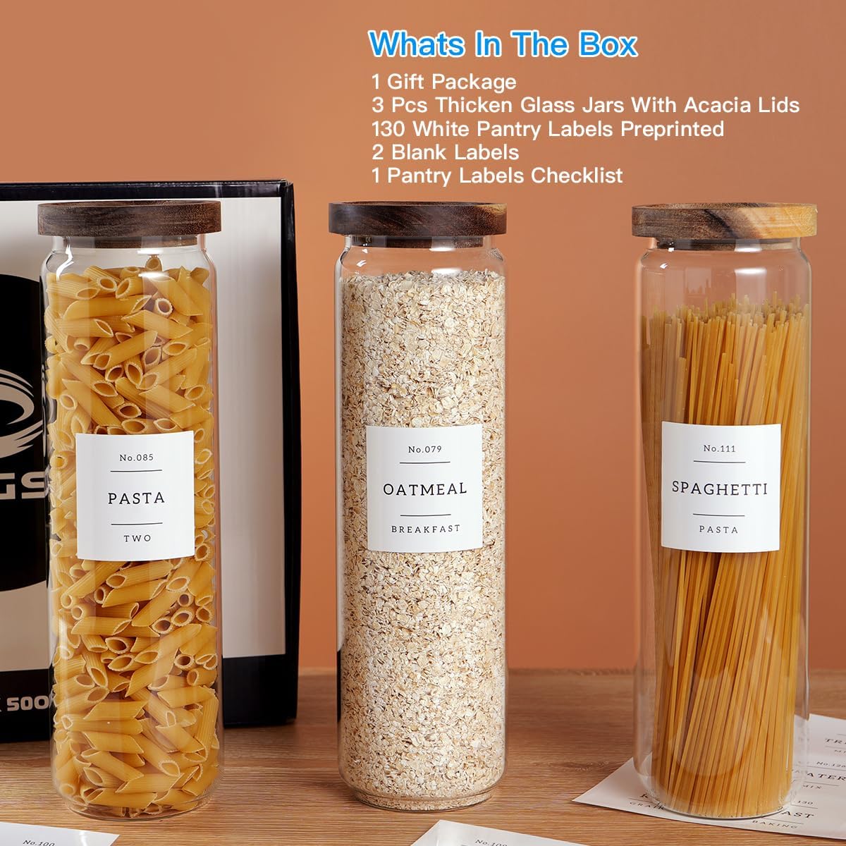 6 Set Glass Pantry Storage Jars with Acacia Airtight Lid - 15oz Thicken Glass Kitchen Canisters with 132 Pantry Labels - Clear Glass Food Storage Containers with Wood Lid for Tea,Sugar,Spice,herbs