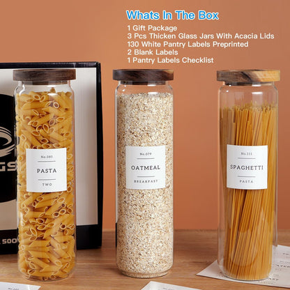 6 Set Glass Pantry Storage Jars with Acacia Airtight Lid - 15oz Thicken Glass Kitchen Canisters with 132 Pantry Labels - Clear Glass Food Storage Containers with Wood Lid for Tea,Sugar,Spice,herbs