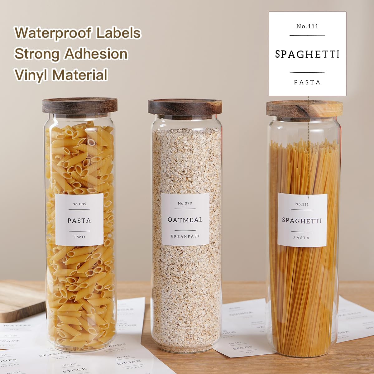 6 Set Glass Pantry Storage Jars with Acacia Airtight Lid - 15oz Thicken Glass Kitchen Canisters with 132 Pantry Labels - Clear Glass Food Storage Containers with Wood Lid for Tea,Sugar,Spice,herbs