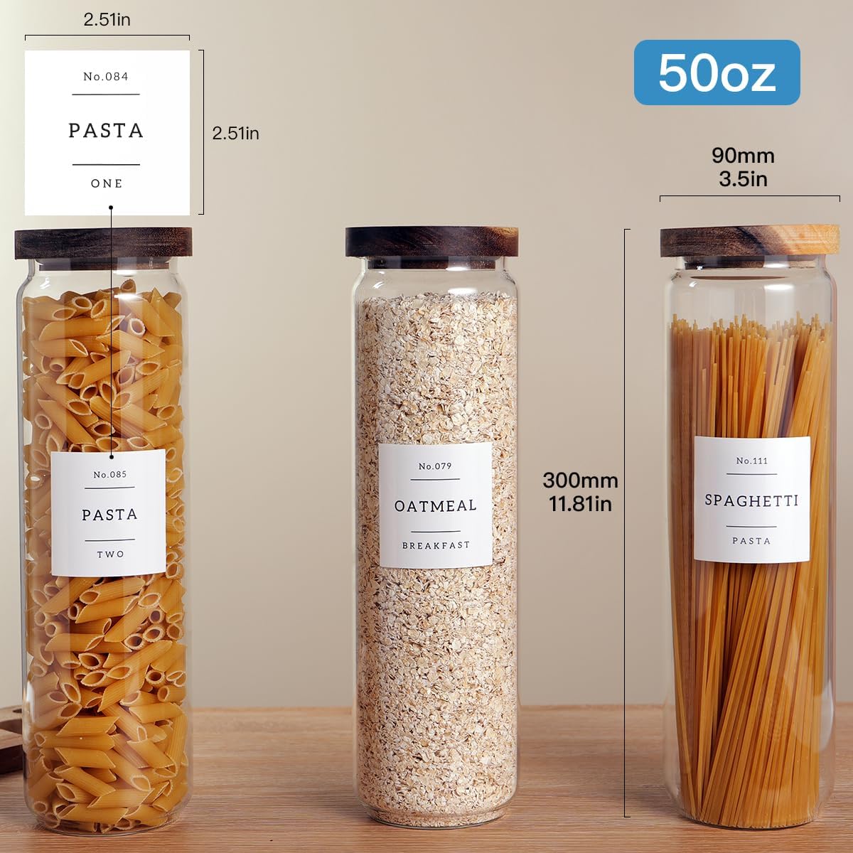 6 Set Glass Pantry Storage Jars with Acacia Airtight Lid - 15oz Thicken Glass Kitchen Canisters with 132 Pantry Labels - Clear Glass Food Storage Containers with Wood Lid for Tea,Sugar,Spice,herbs