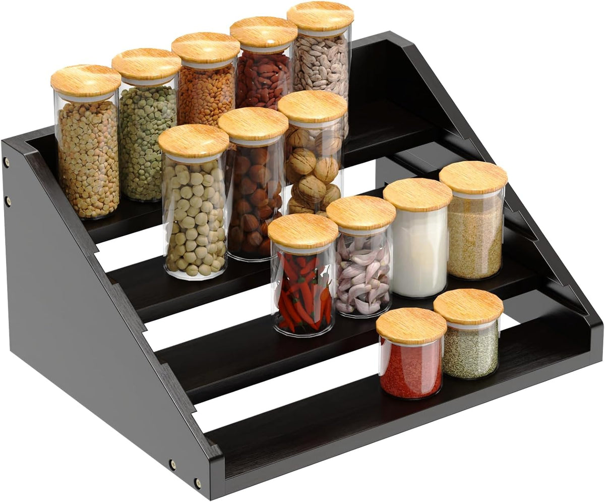 Solid Wood Spice Rack Organizer for Countertop & Cabinet, 4 Tier Adjustable Wooden Spice Shelf with Sliding Track, Premium Step Seasoning Bottle Holder for Kitchen, Pantry & Office, Walnut Brown