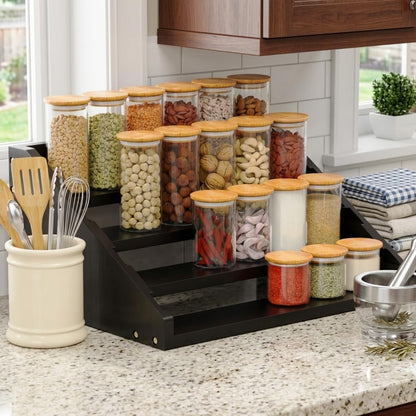 Solid Wood Spice Rack Organizer for Countertop & Cabinet, 4 Tier Adjustable Wooden Spice Shelf with Sliding Track, Premium Step Seasoning Bottle Holder for Kitchen, Pantry & Office, Walnut Brown