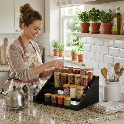 Solid Wood Spice Rack Organizer for Countertop & Cabinet, 4 Tier Adjustable Wooden Spice Shelf with Sliding Track, Premium Step Seasoning Bottle Holder for Kitchen, Pantry & Office, Walnut Brown