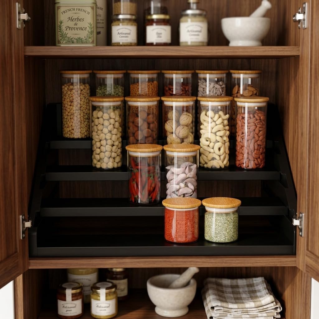 Solid Wood Spice Rack Organizer for Countertop & Cabinet, 4 Tier Adjustable Wooden Spice Shelf with Sliding Track, Premium Step Seasoning Bottle Holder for Kitchen, Pantry & Office, Walnut Brown