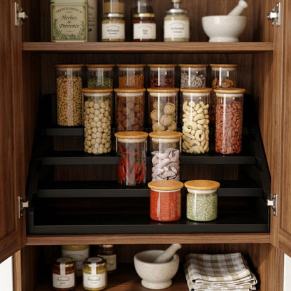 Solid Wood Spice Rack Organizer for Countertop & Cabinet, 4 Tier Adjustable Wooden Spice Shelf with Sliding Track, Premium Step Seasoning Bottle Holder for Kitchen, Pantry & Office, Walnut Brown