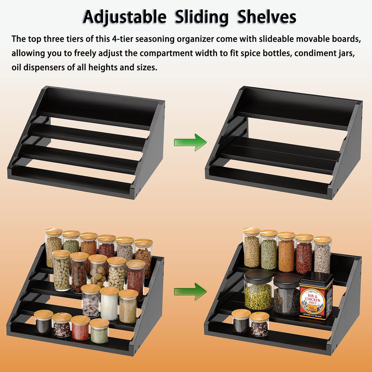 Solid Wood Spice Rack Organizer for Countertop & Cabinet, 4 Tier Adjustable Wooden Spice Shelf with Sliding Track, Premium Step Seasoning Bottle Holder for Kitchen, Pantry & Office, Walnut Brown