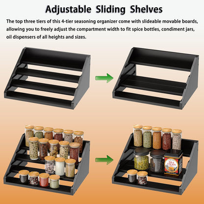 Solid Wood Spice Rack Organizer for Countertop & Cabinet, 4 Tier Adjustable Wooden Spice Shelf with Sliding Track, Premium Step Seasoning Bottle Holder for Kitchen, Pantry & Office, Walnut Brown