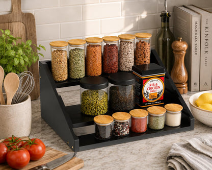 Solid Wood Spice Rack Organizer for Countertop & Cabinet, 4 Tier Adjustable Wooden Spice Shelf with Sliding Track, Premium Step Seasoning Bottle Holder for Kitchen, Pantry & Office, Walnut Brown