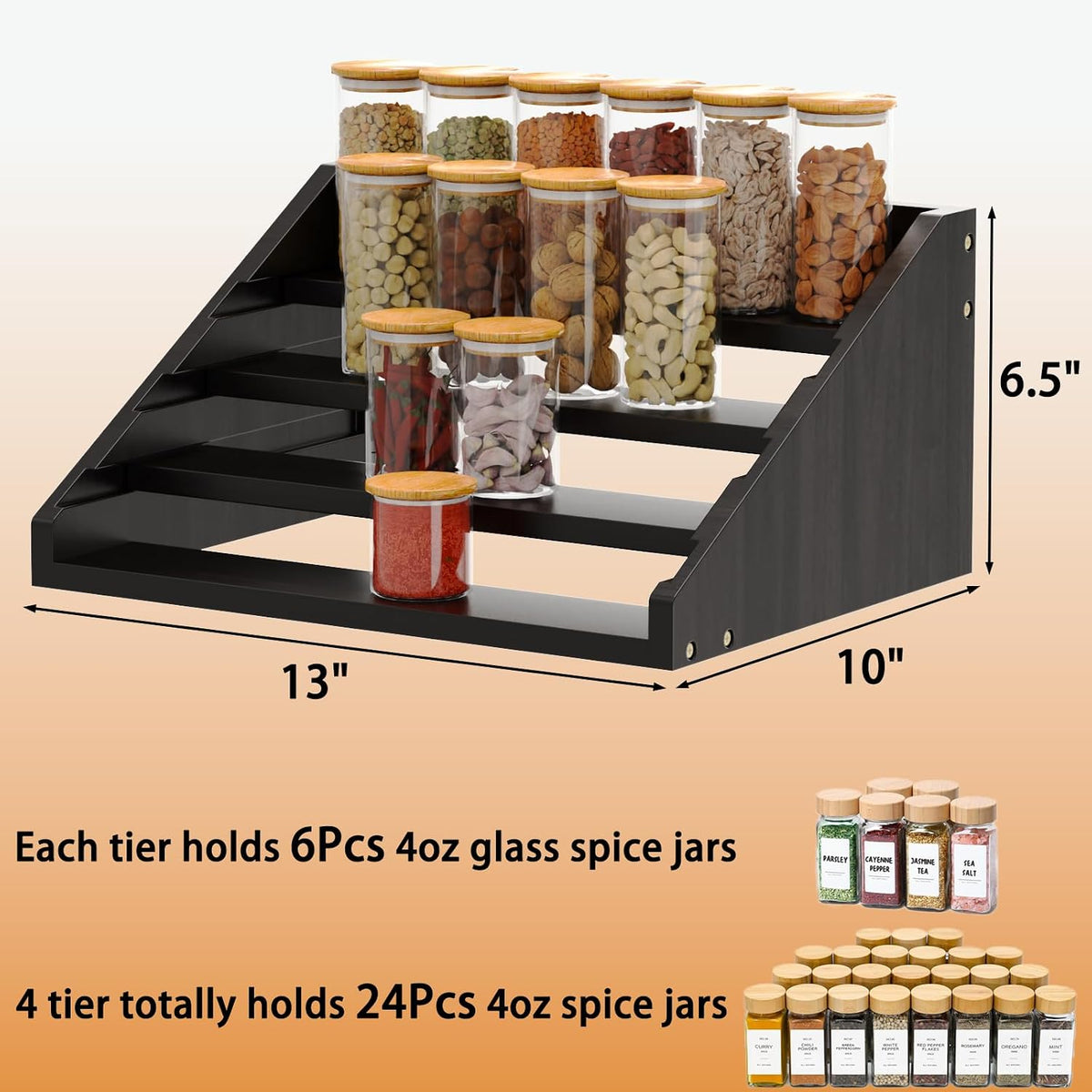 Solid Wood Spice Rack Organizer for Countertop & Cabinet, 4 Tier Adjustable Wooden Spice Shelf with Sliding Track, Premium Step Seasoning Bottle Holder for Kitchen, Pantry & Office, Walnut Brown