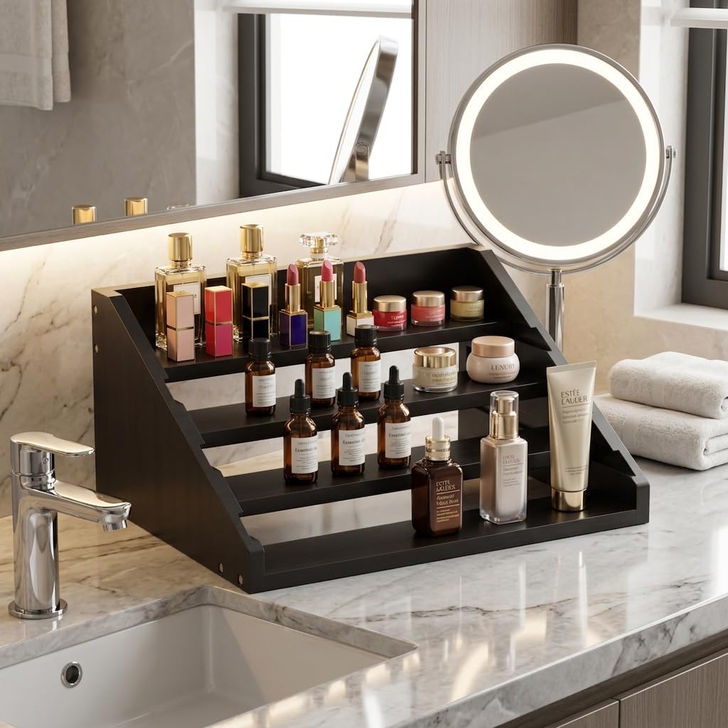 Solid Wood Spice Rack Organizer for Countertop & Cabinet, 4 Tier Adjustable Wooden Spice Shelf with Sliding Track, Premium Step Seasoning Bottle Holder for Kitchen, Pantry & Office, Walnut Brown
