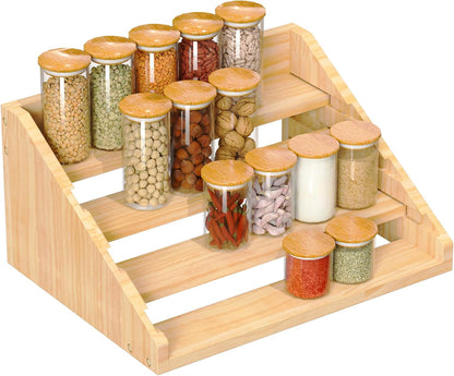 Solid Wood Spice Rack Organizer for Countertop & Cabinet, 4 Tier Adjustable Wooden Spice Shelf with Sliding Track, Premium Step Seasoning Bottle Holder for Kitchen, Pantry & Office, Walnut Brown