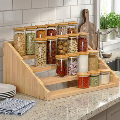 Solid Wood Spice Rack Organizer for Countertop & Cabinet, 4 Tier Adjustable Wooden Spice Shelf with Sliding Track, Premium Step Seasoning Bottle Holder for Kitchen, Pantry & Office, Walnut Brown