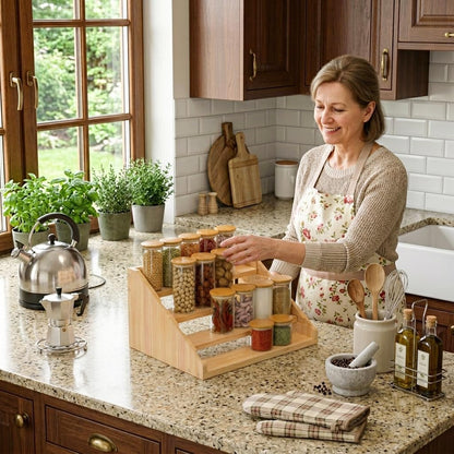 Solid Wood Spice Rack Organizer for Countertop & Cabinet, 4 Tier Adjustable Wooden Spice Shelf with Sliding Track, Premium Step Seasoning Bottle Holder for Kitchen, Pantry & Office, Walnut Brown