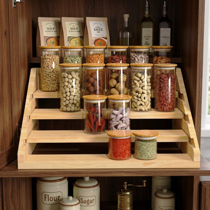 Solid Wood Spice Rack Organizer for Countertop & Cabinet, 4 Tier Adjustable Wooden Spice Shelf with Sliding Track, Premium Step Seasoning Bottle Holder for Kitchen, Pantry & Office, Walnut Brown