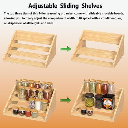 Solid Wood Spice Rack Organizer for Countertop & Cabinet, 4 Tier Adjustable Wooden Spice Shelf with Sliding Track, Premium Step Seasoning Bottle Holder for Kitchen, Pantry & Office, Walnut Brown
