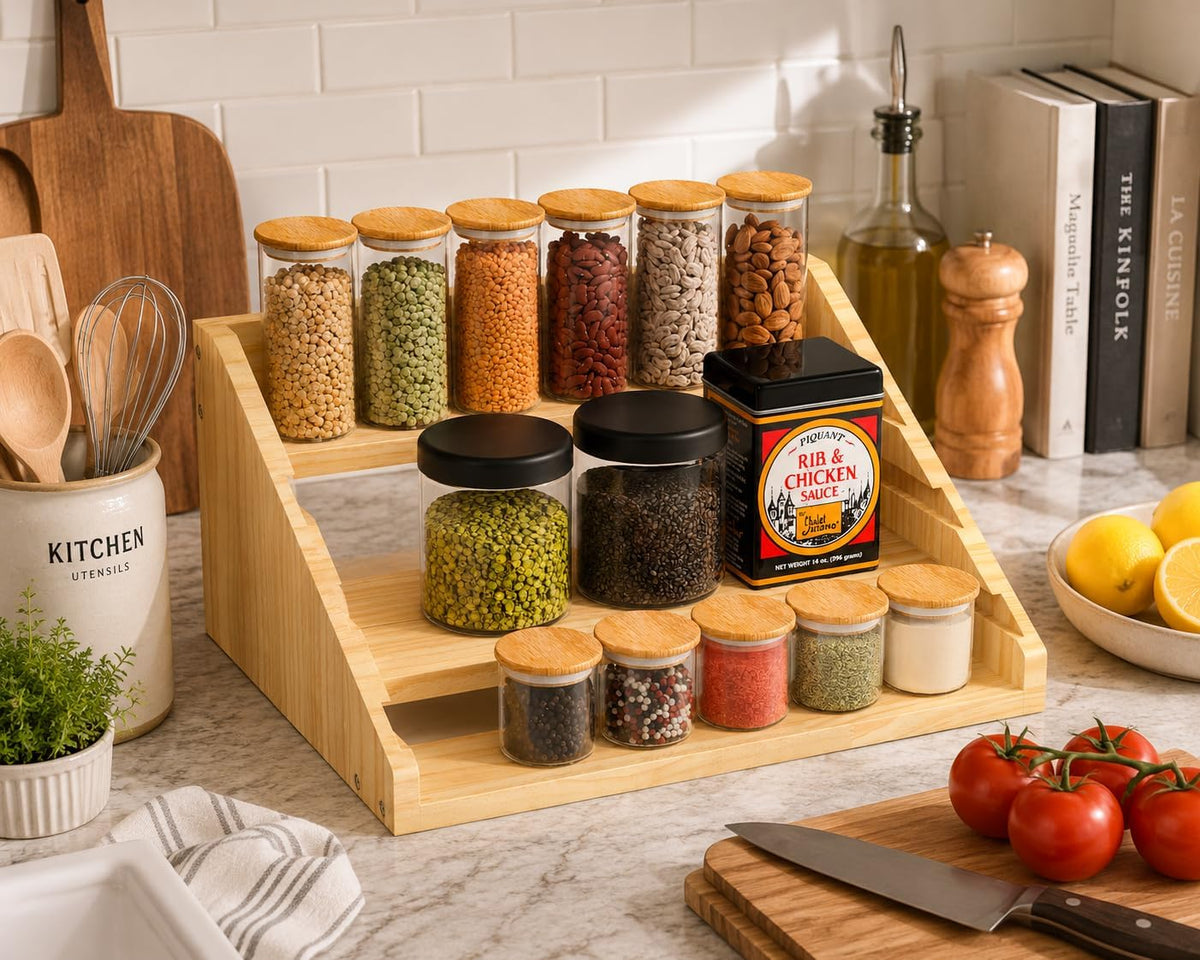 Solid Wood Spice Rack Organizer for Countertop & Cabinet, 4 Tier Adjustable Wooden Spice Shelf with Sliding Track, Premium Step Seasoning Bottle Holder for Kitchen, Pantry & Office, Walnut Brown