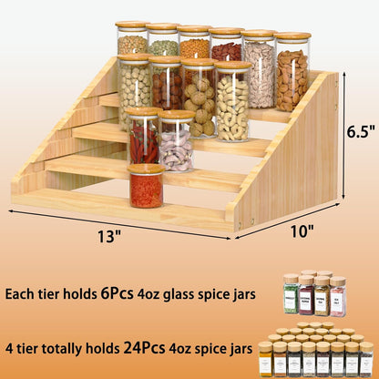 Solid Wood Spice Rack Organizer for Countertop & Cabinet, 4 Tier Adjustable Wooden Spice Shelf with Sliding Track, Premium Step Seasoning Bottle Holder for Kitchen, Pantry & Office, Walnut Brown