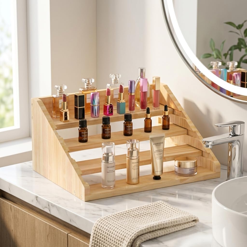 Solid Wood Spice Rack Organizer for Countertop & Cabinet, 4 Tier Adjustable Wooden Spice Shelf with Sliding Track, Premium Step Seasoning Bottle Holder for Kitchen, Pantry & Office, Walnut Brown