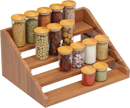 Solid Wood Spice Rack Organizer for Countertop & Cabinet, 4 Tier Adjustable Wooden Spice Shelf with Sliding Track, Premium Step Seasoning Bottle Holder for Kitchen, Pantry & Office, Walnut Brown