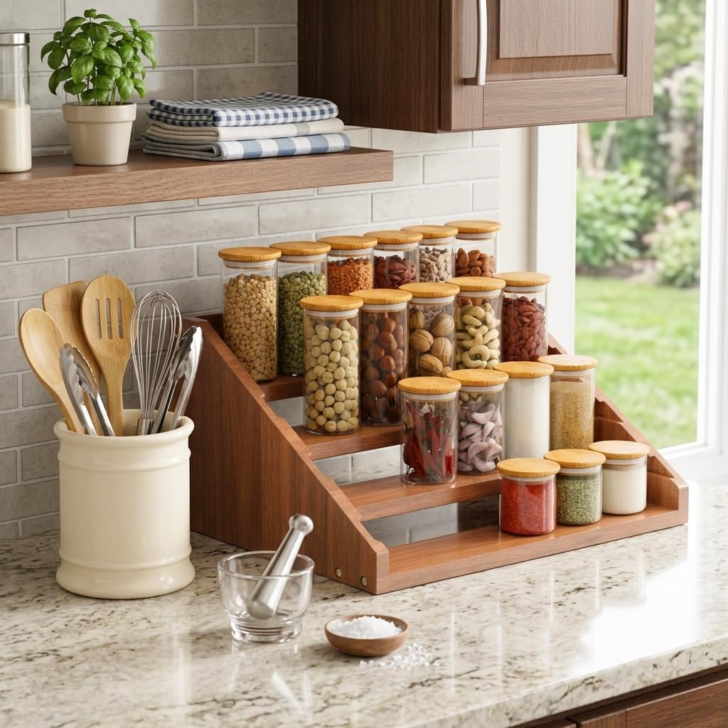 Solid Wood Spice Rack Organizer for Countertop & Cabinet, 4 Tier Adjustable Wooden Spice Shelf with Sliding Track, Premium Step Seasoning Bottle Holder for Kitchen, Pantry & Office, Walnut Brown