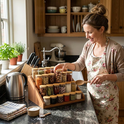 Solid Wood Spice Rack Organizer for Countertop & Cabinet, 4 Tier Adjustable Wooden Spice Shelf with Sliding Track, Premium Step Seasoning Bottle Holder for Kitchen, Pantry & Office, Walnut Brown