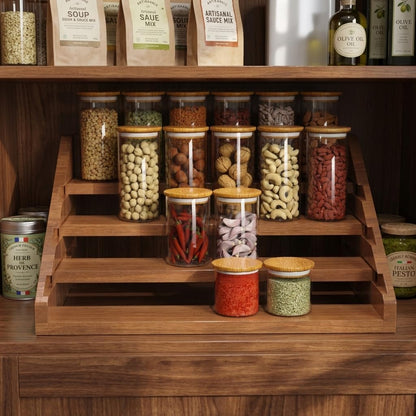 Solid Wood Spice Rack Organizer for Countertop & Cabinet, 4 Tier Adjustable Wooden Spice Shelf with Sliding Track, Premium Step Seasoning Bottle Holder for Kitchen, Pantry & Office, Walnut Brown