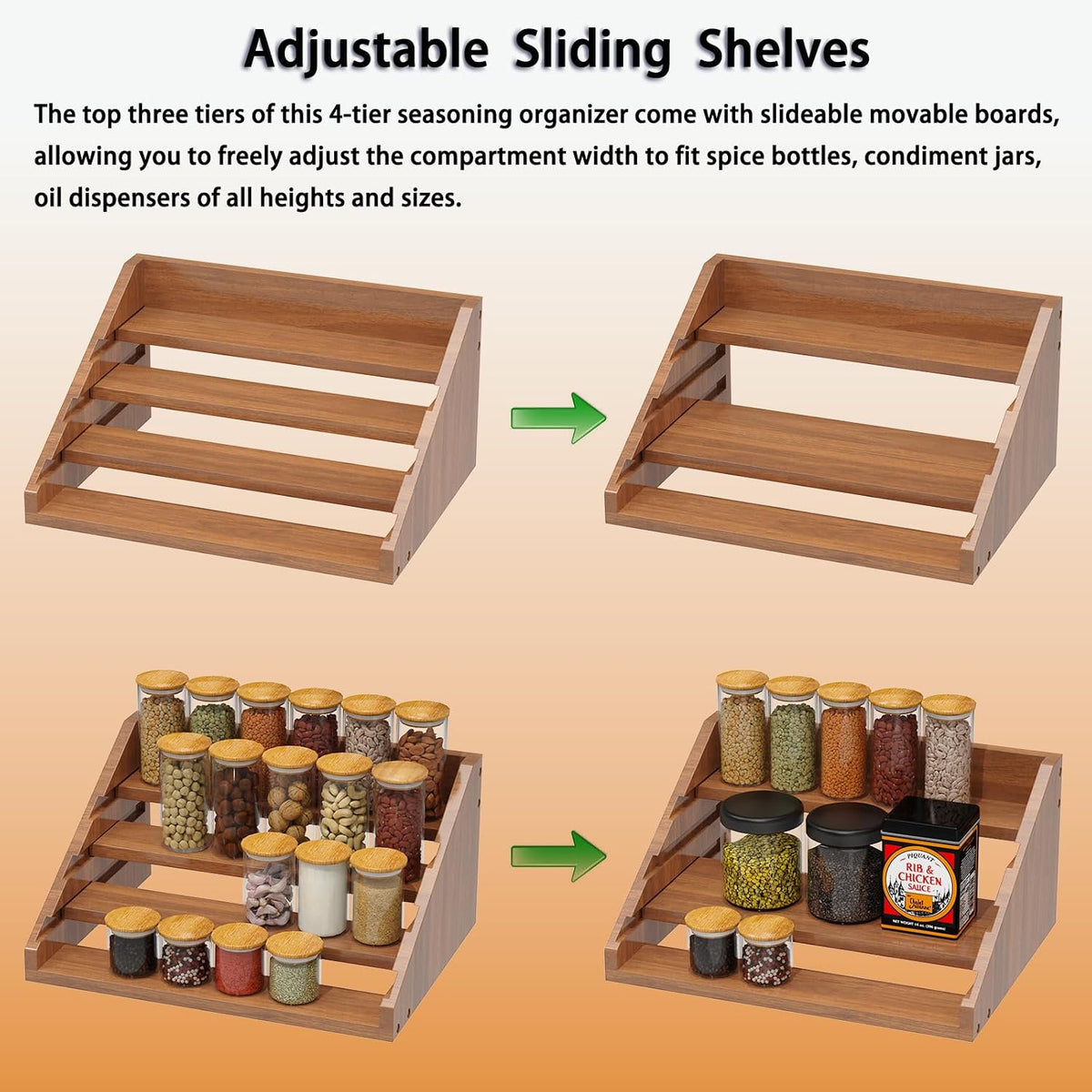 Solid Wood Spice Rack Organizer for Countertop & Cabinet, 4 Tier Adjustable Wooden Spice Shelf with Sliding Track, Premium Step Seasoning Bottle Holder for Kitchen, Pantry & Office, Walnut Brown