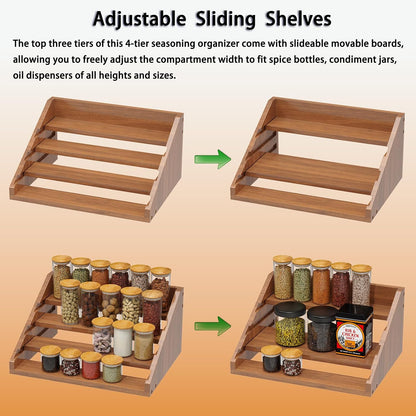 Solid Wood Spice Rack Organizer for Countertop & Cabinet, 4 Tier Adjustable Wooden Spice Shelf with Sliding Track, Premium Step Seasoning Bottle Holder for Kitchen, Pantry & Office, Walnut Brown