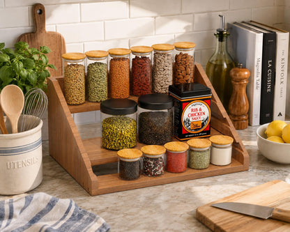 Solid Wood Spice Rack Organizer for Countertop & Cabinet, 4 Tier Adjustable Wooden Spice Shelf with Sliding Track, Premium Step Seasoning Bottle Holder for Kitchen, Pantry & Office, Walnut Brown