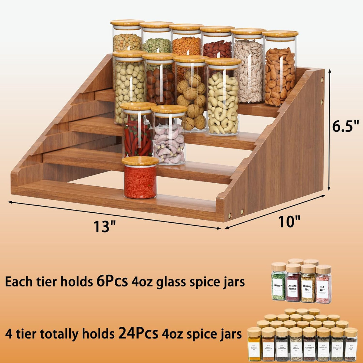 Solid Wood Spice Rack Organizer for Countertop & Cabinet, 4 Tier Adjustable Wooden Spice Shelf with Sliding Track, Premium Step Seasoning Bottle Holder for Kitchen, Pantry & Office, Walnut Brown