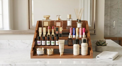 Solid Wood Spice Rack Organizer for Countertop & Cabinet, 4 Tier Adjustable Wooden Spice Shelf with Sliding Track, Premium Step Seasoning Bottle Holder for Kitchen, Pantry & Office, Walnut Brown
