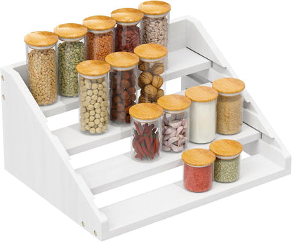 Solid Wood Spice Rack Organizer for Countertop & Cabinet, 4 Tier Adjustable Wooden Spice Shelf with Sliding Track, Premium Step Seasoning Bottle Holder for Kitchen, Pantry & Office, Walnut Brown