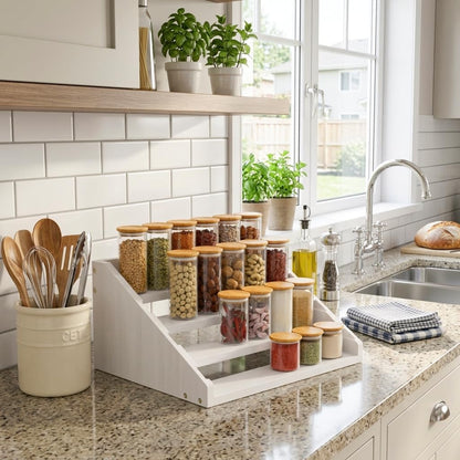 Solid Wood Spice Rack Organizer for Countertop & Cabinet, 4 Tier Adjustable Wooden Spice Shelf with Sliding Track, Premium Step Seasoning Bottle Holder for Kitchen, Pantry & Office, Walnut Brown