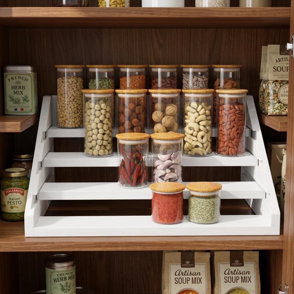 Solid Wood Spice Rack Organizer for Countertop & Cabinet, 4 Tier Adjustable Wooden Spice Shelf with Sliding Track, Premium Step Seasoning Bottle Holder for Kitchen, Pantry & Office, Walnut Brown