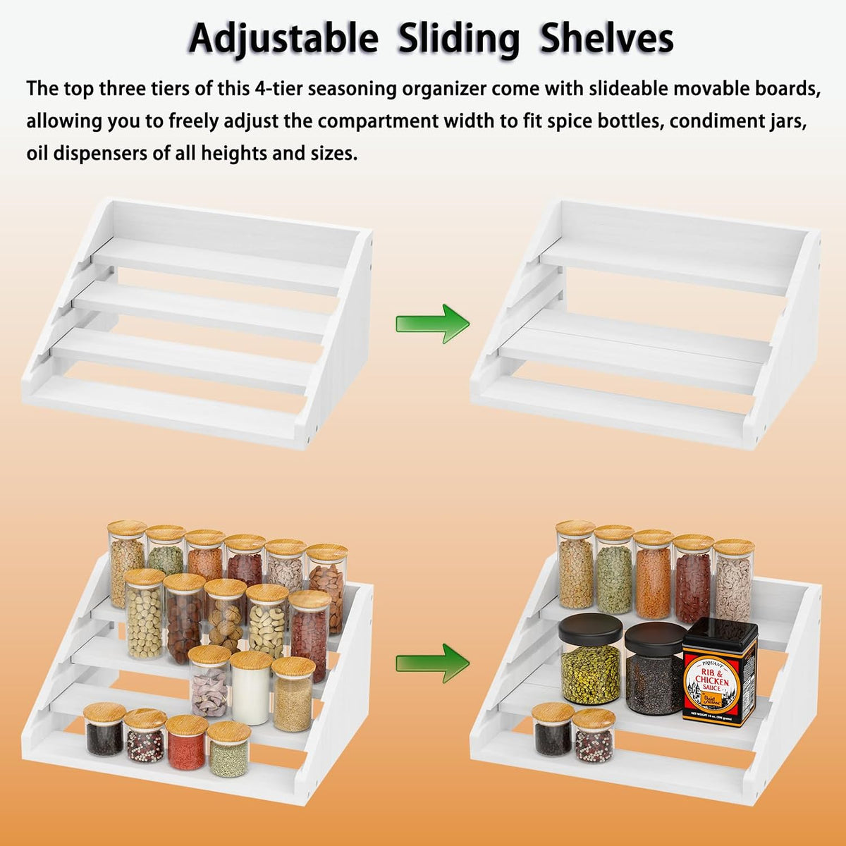 Solid Wood Spice Rack Organizer for Countertop & Cabinet, 4 Tier Adjustable Wooden Spice Shelf with Sliding Track, Premium Step Seasoning Bottle Holder for Kitchen, Pantry & Office, Walnut Brown