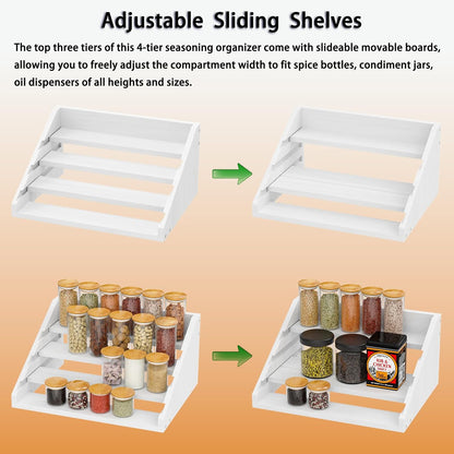Solid Wood Spice Rack Organizer for Countertop & Cabinet, 4 Tier Adjustable Wooden Spice Shelf with Sliding Track, Premium Step Seasoning Bottle Holder for Kitchen, Pantry & Office, Walnut Brown