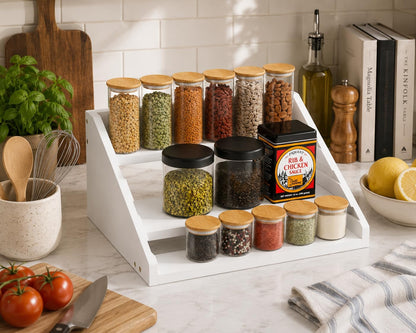 Solid Wood Spice Rack Organizer for Countertop & Cabinet, 4 Tier Adjustable Wooden Spice Shelf with Sliding Track, Premium Step Seasoning Bottle Holder for Kitchen, Pantry & Office, Walnut Brown