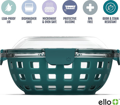 DuraGlass Food Storage Glass Lunch Bowl Container - Meal Prep Container with Silicone Sleeve and Airtight Lid, 5 Cup, Teal