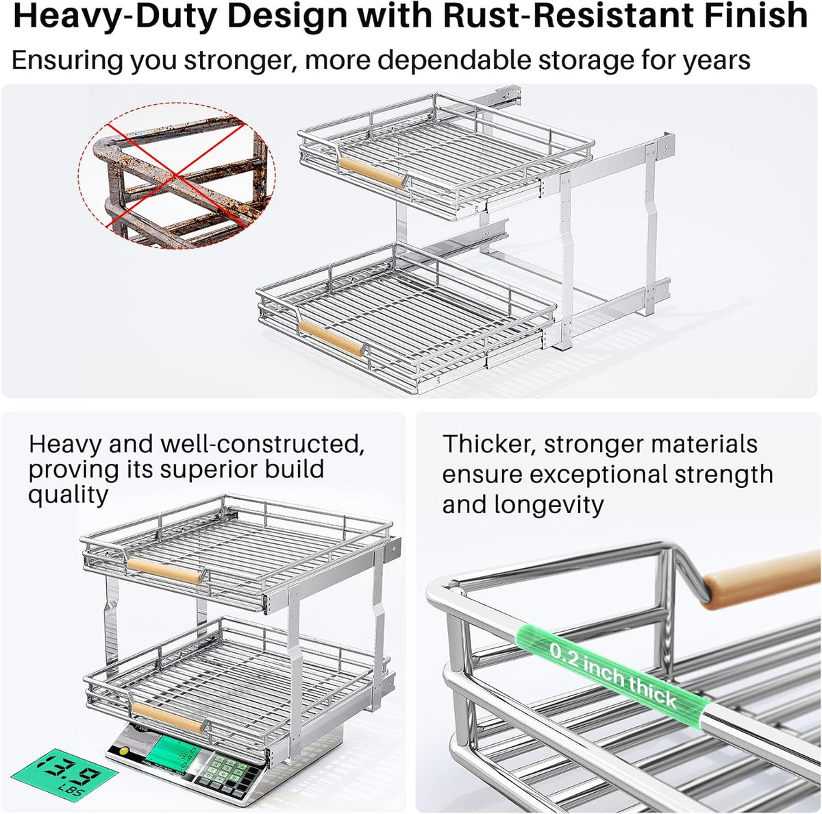 Pull out Cabinet Organizer, 15"W X 21"D, Heavy Duty Smooth Sliding Under Cabinet Shelves for Pots and Pans, Full-Extension Roll out Drawers, Slide out Organization for Home Kitchen Pantry
