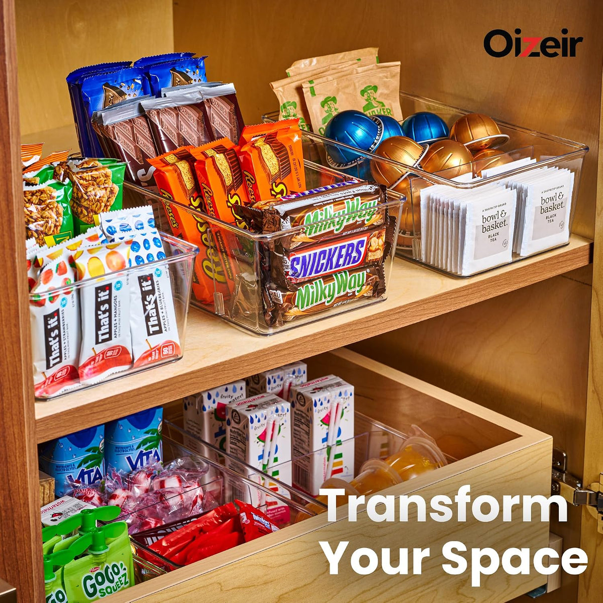 Clear Pantry Organizer Bins - Fridge Organizer with 3 Removable Dividers, Ideal for Kitchen, Pantry, Refrigerator, Freezer, and Snack Storage