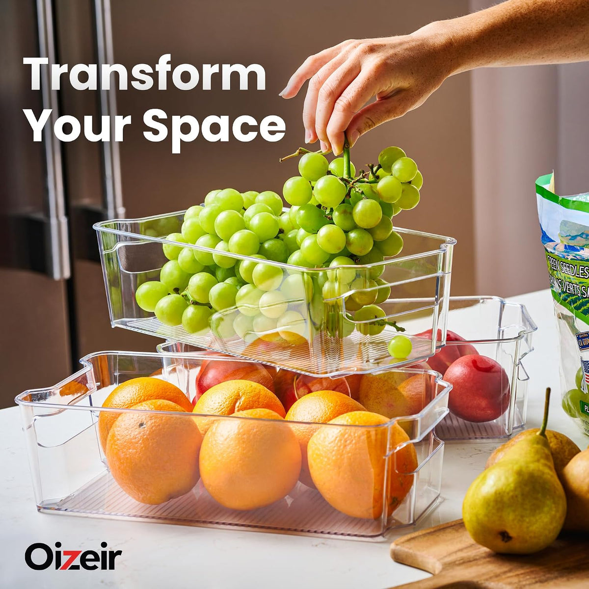 Clear Pantry Organizer Bins - Fridge Organizer with 3 Removable Dividers, Ideal for Kitchen, Pantry, Refrigerator, Freezer, and Snack Storage