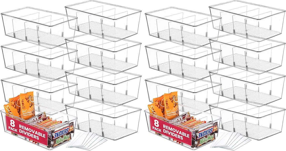 Clear Pantry Organizer Bins - Fridge Organizer with 3 Removable Dividers, Ideal for Kitchen, Pantry, Refrigerator, Freezer, and Snack Storage