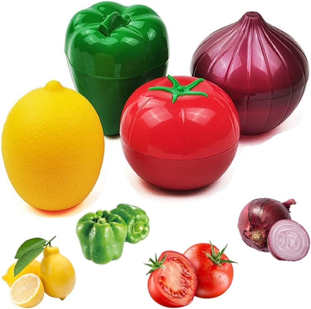 Onion, tomato, lemon, green pepper 4 PCS Vegetable and Fruit Storage Containers for Fridge,，Reusable SiliconeRefrigerator Box Storage Bowls Saver Holder Keeper