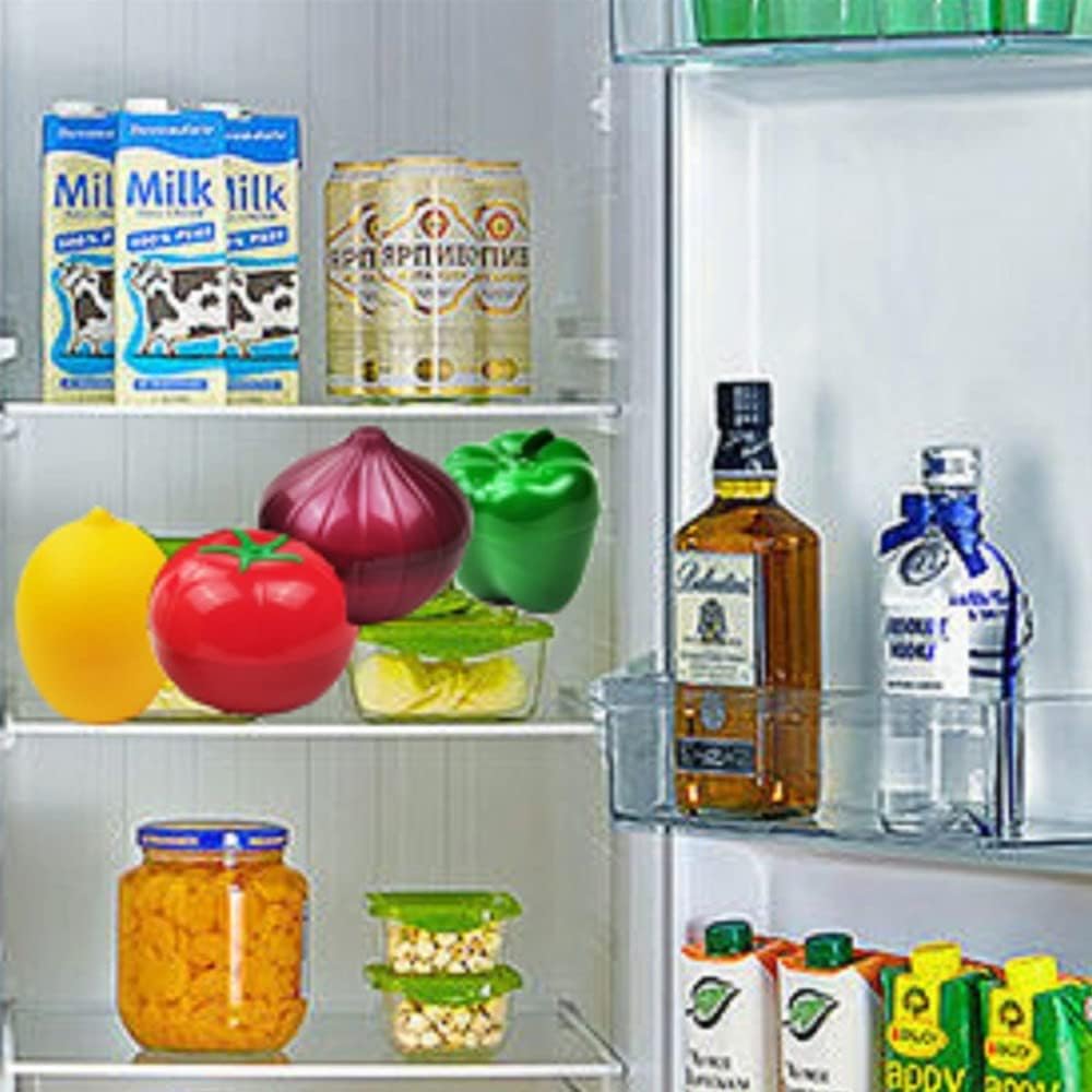 Onion, tomato, lemon, green pepper 4 PCS Vegetable and Fruit Storage Containers for Fridge,，Reusable SiliconeRefrigerator Box Storage Bowls Saver Holder Keeper
