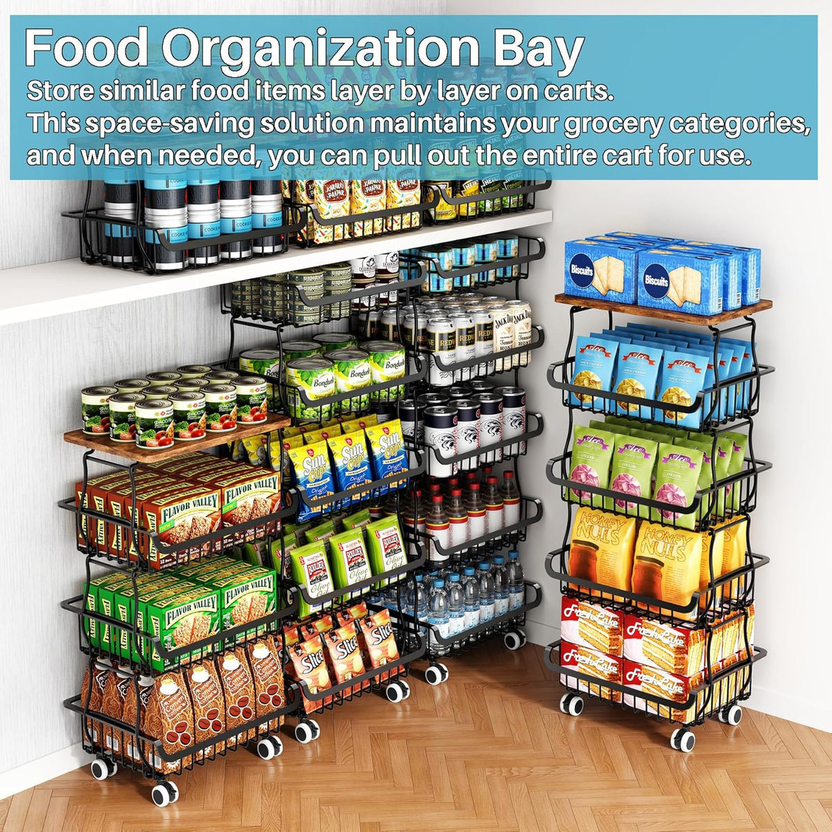 4 Tier Vegetable Fruit Basket for Kitchen, Stackable Metal Fruit and Vegetable Storage Baskets with Rolling Wheels Cart, Fruteros Para Cocina Potato and Onion Bin Pantry Kitchen Island Cart Counter