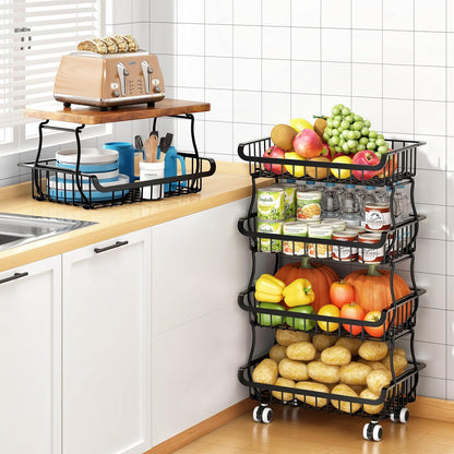 4 Tier Vegetable Fruit Basket for Kitchen, Stackable Metal Fruit and Vegetable Storage Baskets with Rolling Wheels Cart, Fruteros Para Cocina Potato and Onion Bin Pantry Kitchen Island Cart Counter