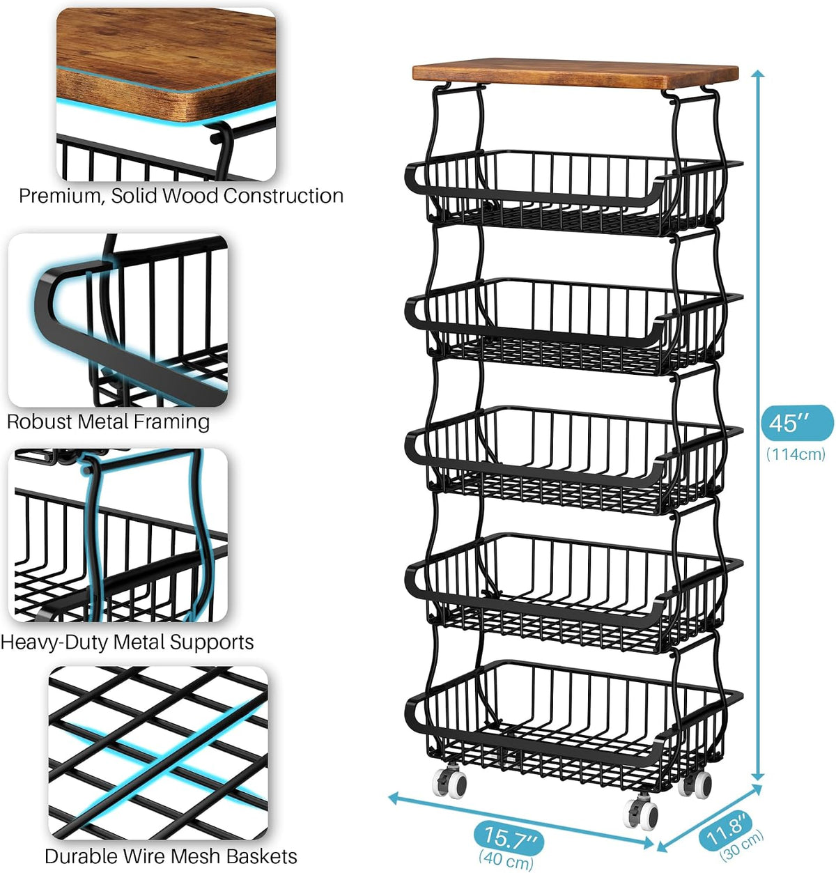 4 Tier Vegetable Fruit Basket for Kitchen, Stackable Metal Fruit and Vegetable Storage Baskets with Rolling Wheels Cart, Fruteros Para Cocina Potato and Onion Bin Pantry Kitchen Island Cart Counter