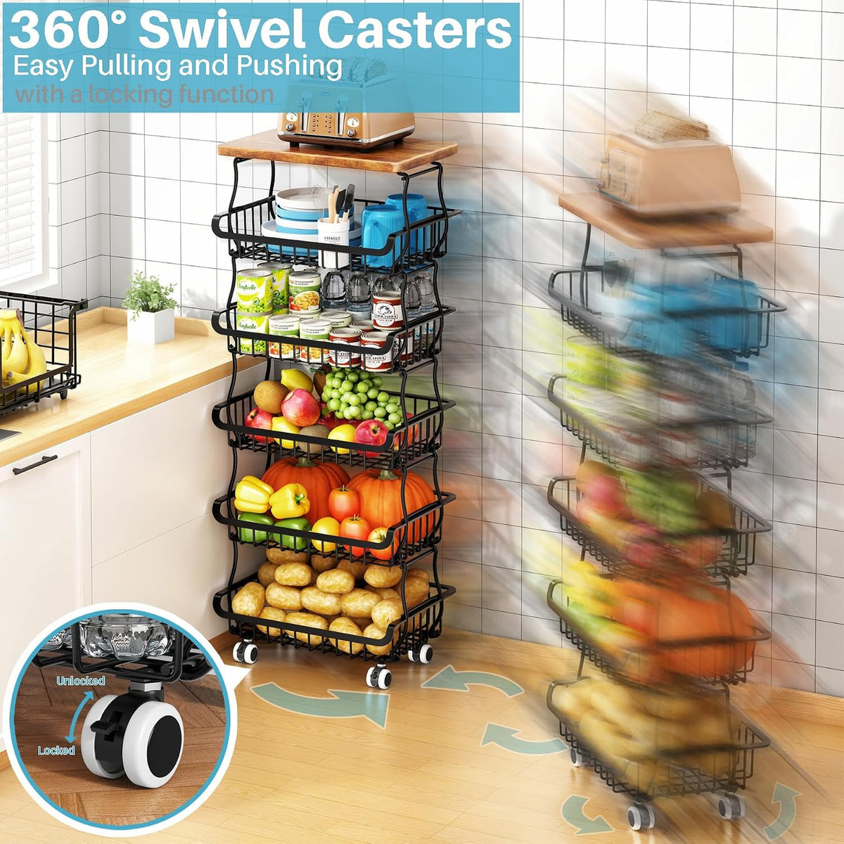 4 Tier Vegetable Fruit Basket for Kitchen, Stackable Metal Fruit and Vegetable Storage Baskets with Rolling Wheels Cart, Fruteros Para Cocina Potato and Onion Bin Pantry Kitchen Island Cart Counter