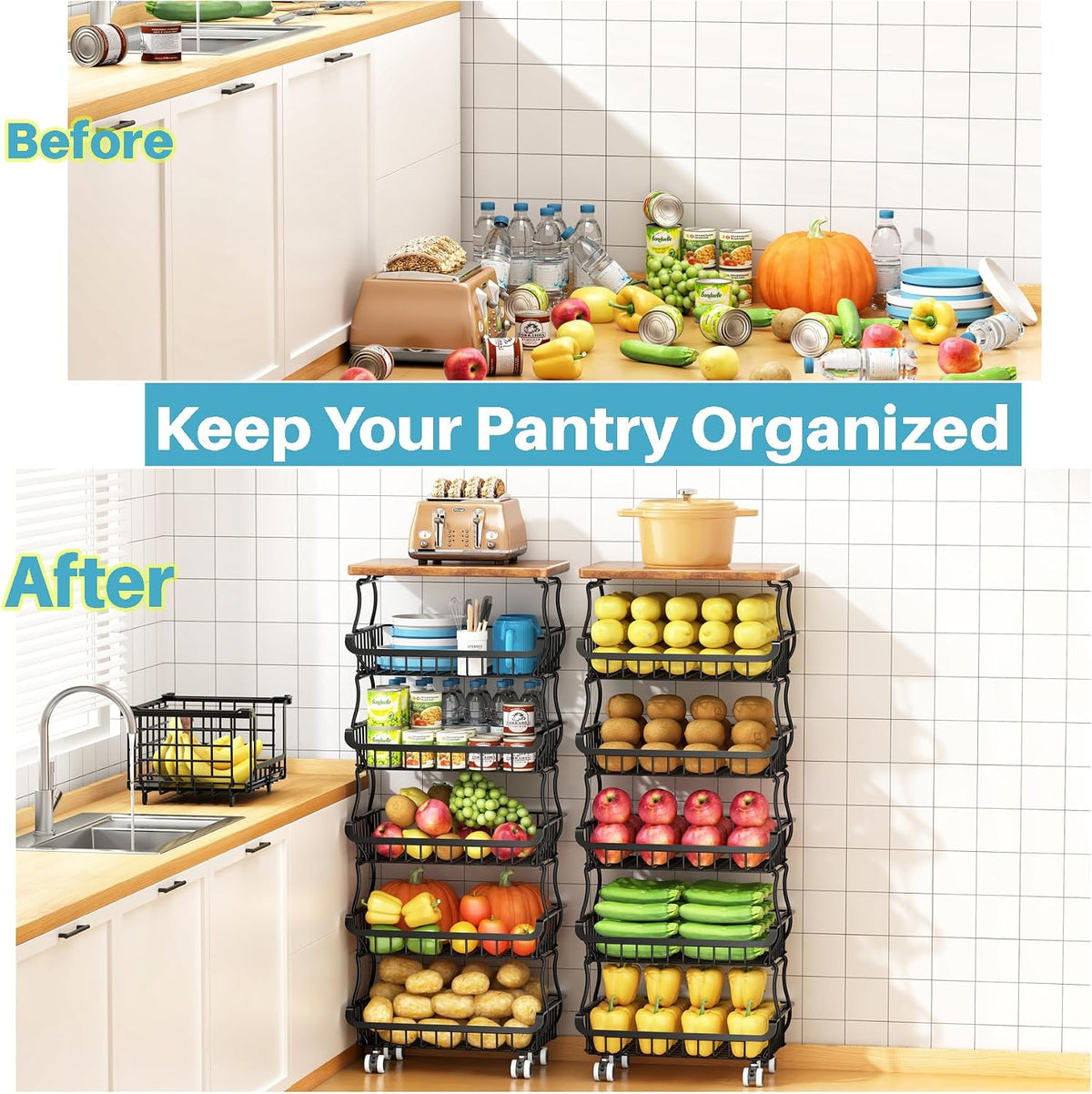 4 Tier Vegetable Fruit Basket for Kitchen, Stackable Metal Fruit and Vegetable Storage Baskets with Rolling Wheels Cart, Fruteros Para Cocina Potato and Onion Bin Pantry Kitchen Island Cart Counter