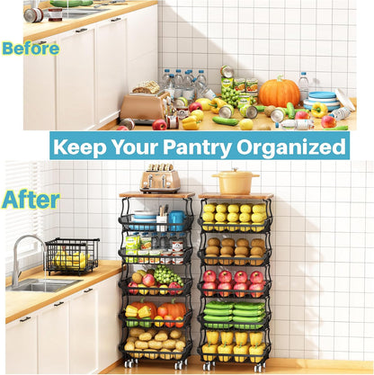 4 Tier Vegetable Fruit Basket for Kitchen, Stackable Metal Fruit and Vegetable Storage Baskets with Rolling Wheels Cart, Fruteros Para Cocina Potato and Onion Bin Pantry Kitchen Island Cart Counter